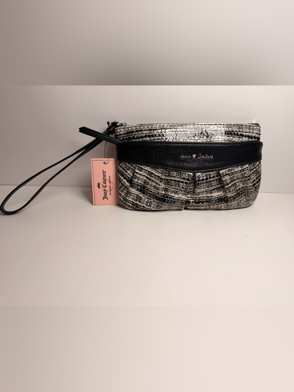 Juicy Couture Black and White Textured Wristlet Clutch